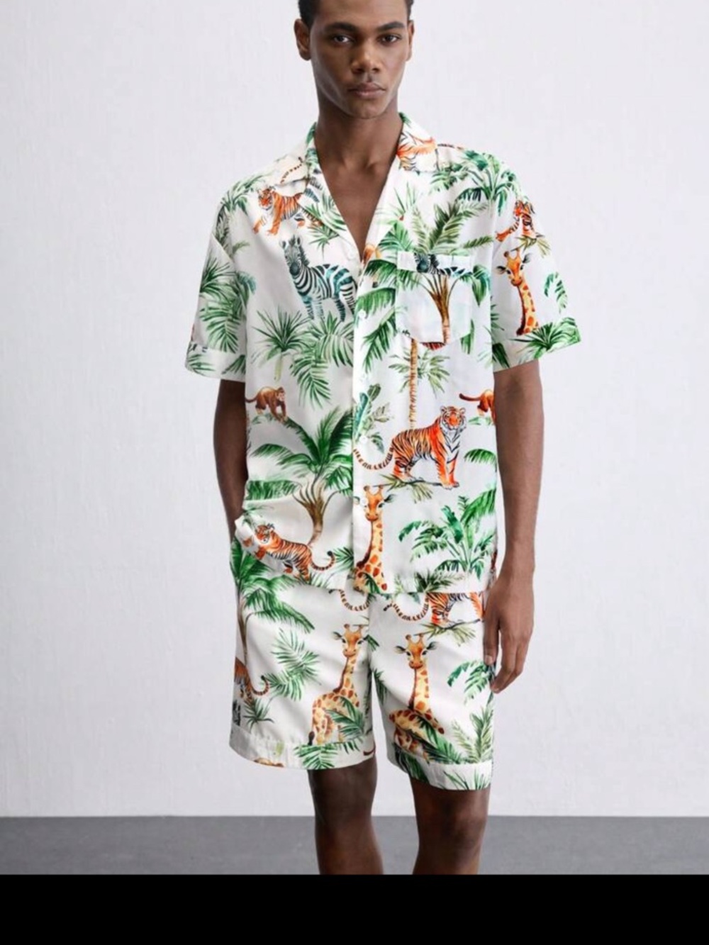 Tropical Animal Print Two-Piece Shirt & Short Set - White & Green